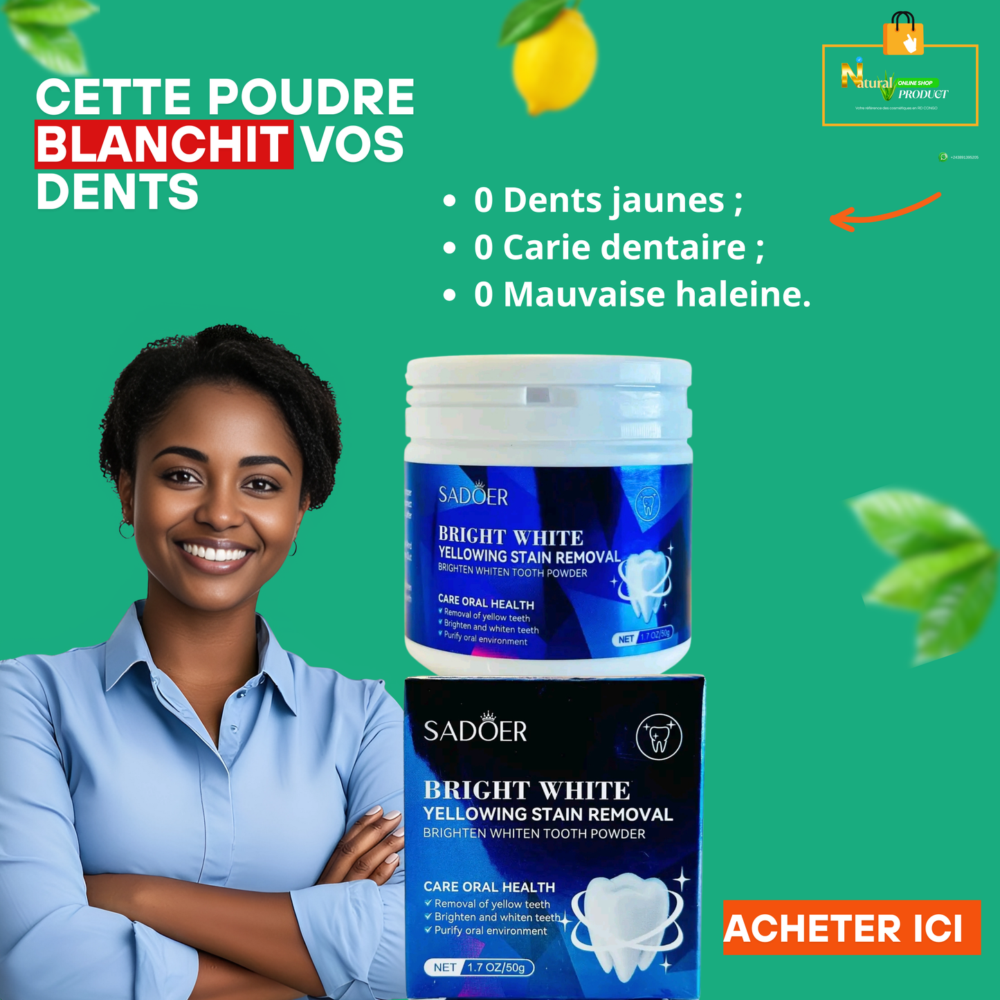 POUDRE BIO DE BLANCHIMENT DES DENTS SADOER